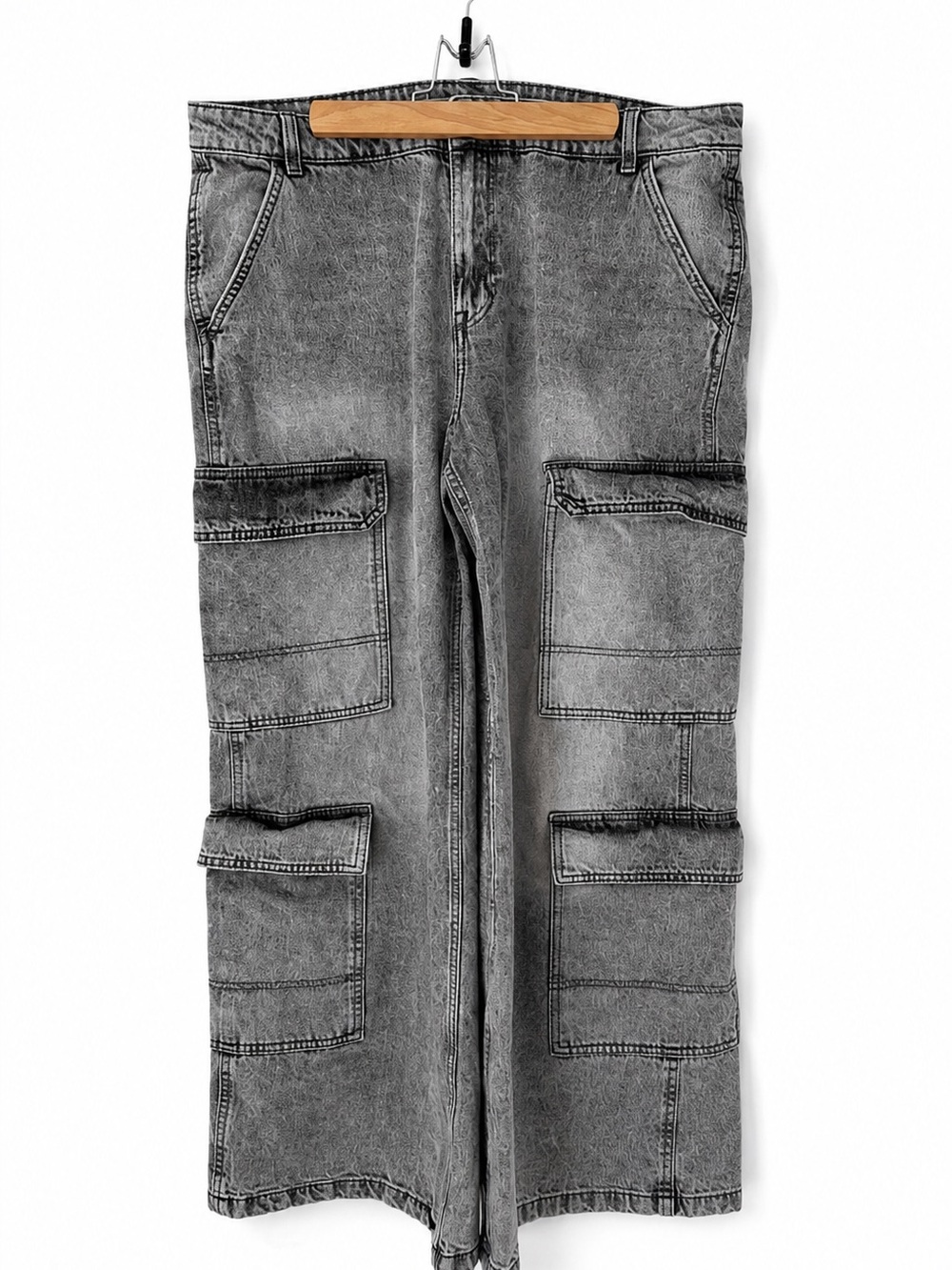 H&M‎ Divided Gray Wide Leg Cargo Jeans Women's High Rise Utility Baggy Denim 14